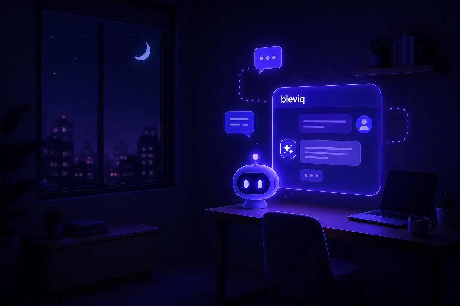 Bleviq — a friendly chat bot on a desk with a glowing chat interface displaying the Bleviq logo
