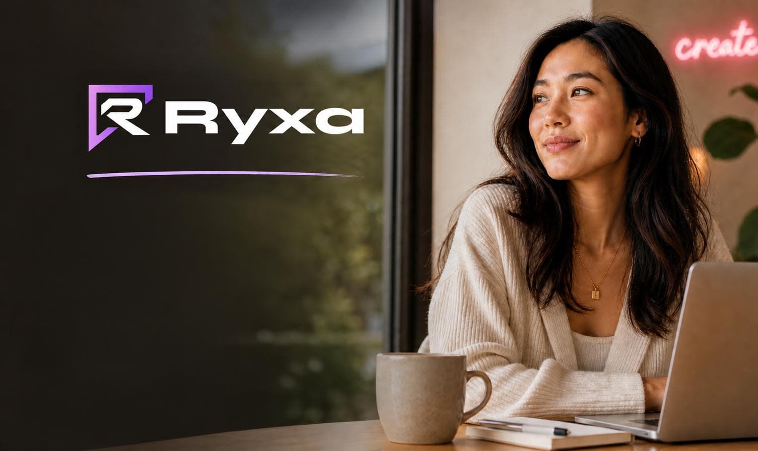 Ryxa — woman working at a laptop with the Ryxa logo and a neon 'create' sign in the background